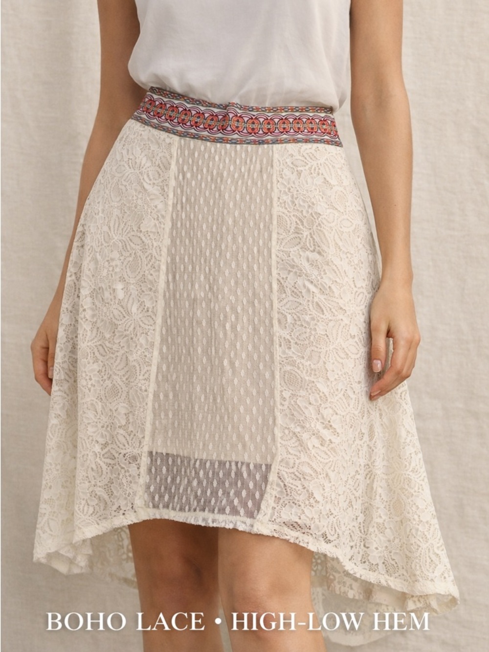 Flying Tomato Lace High Low Skirt Boho Crochet Sheer Panel Festival